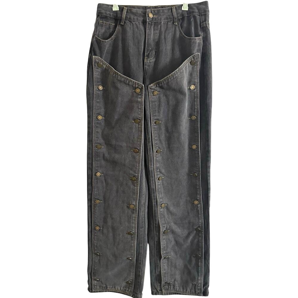 MISS ROSIER Vintage Wash Black Snap Off Button Leg Panel Jeans - Sz XL - NWT
